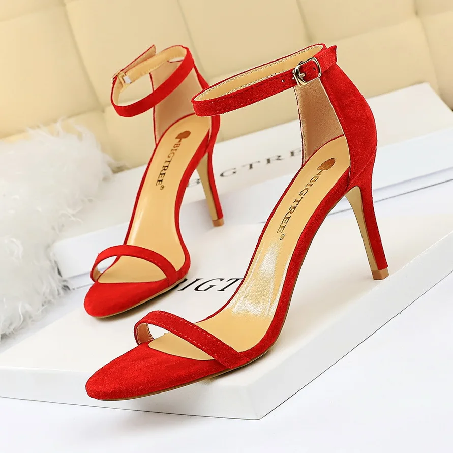 

Summer Women Sandals Suede Hollow High Heels Stiletto Fashion Open Toe One-word Buckle Gentle Simple Catwalk Temperament 126-9