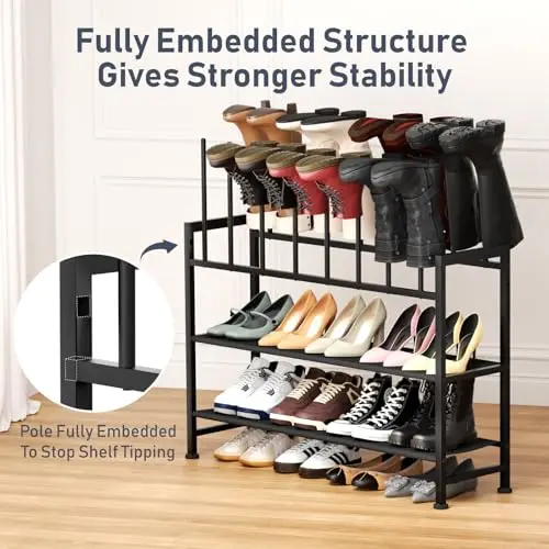 

Four-Tier Black Metal Shoe Organizer With Fully Embedded Frame For Boots, Sneakers, Heels—Stable Entryway Storage Holds 8 Pairs