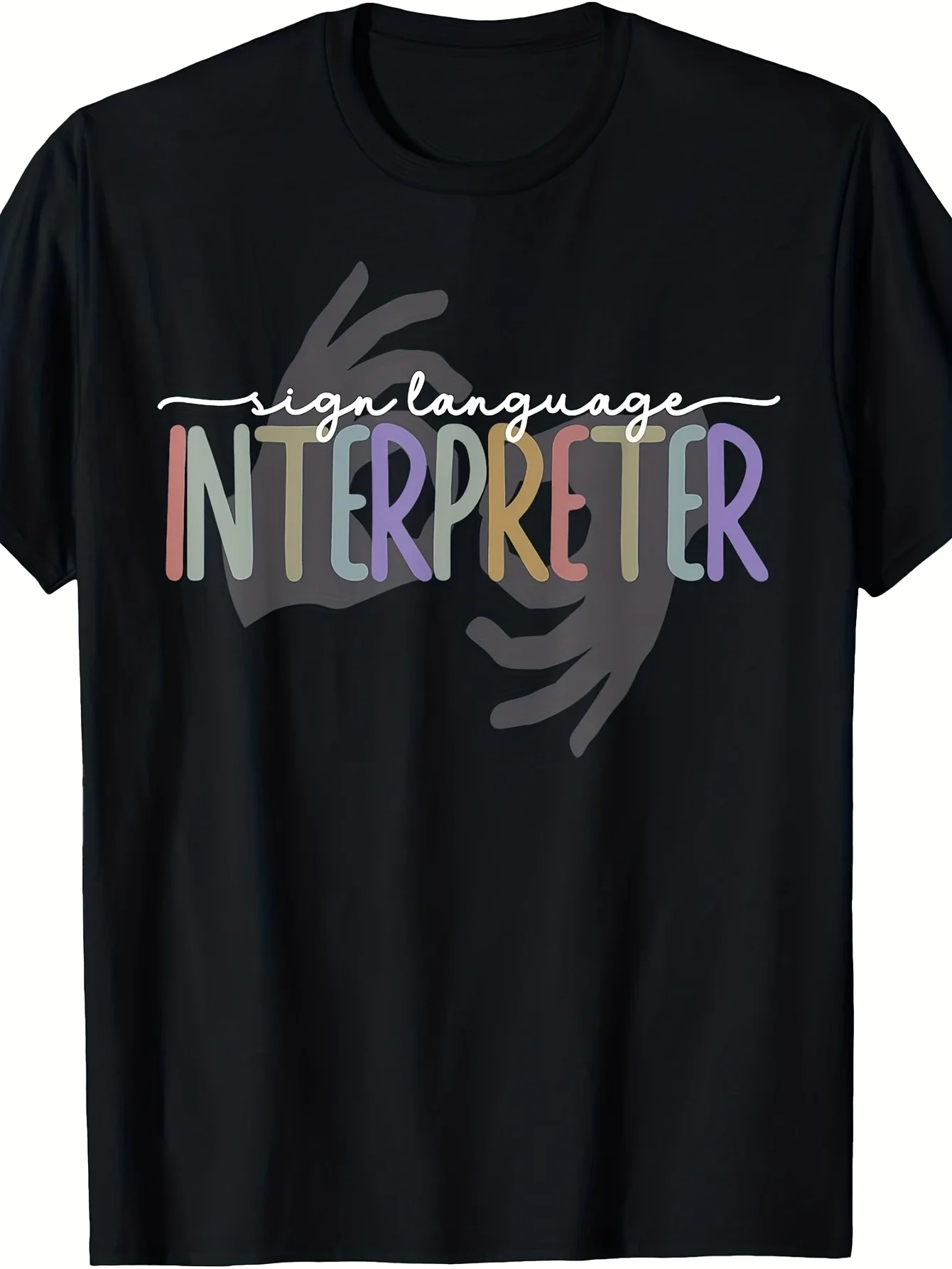 Casual Men's Black Graphic T-Shirt Sign Language Interpreter Hand Gesture Pastel Typography Statement Print 100% Cotton Heavyweight Short Sleeve Casual Streetwear Tee