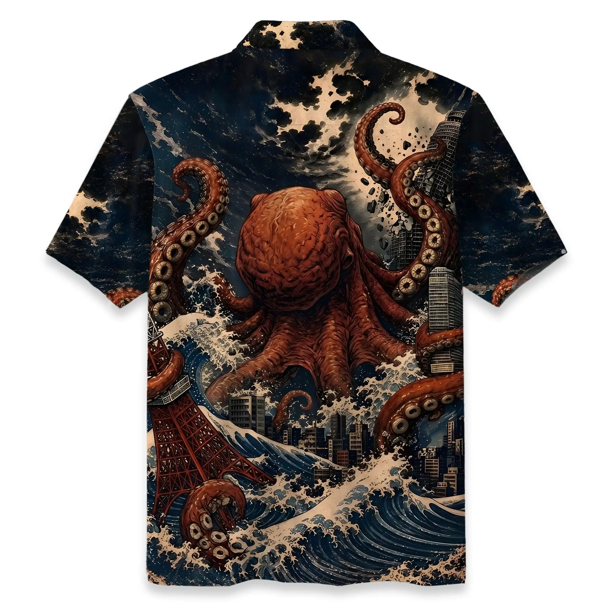Men's Ukiyo-e Giant Octopus Sea Monster Hawaiian Shirt Big Wave City Ruins Print Button Down Beach Vacation Casual Shirt