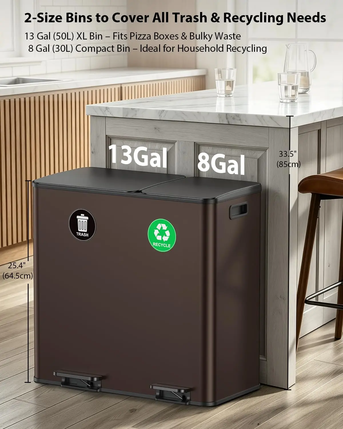 Dual Trash and Recycling Bins for Kitchen 13 and 8 Gallon Brown