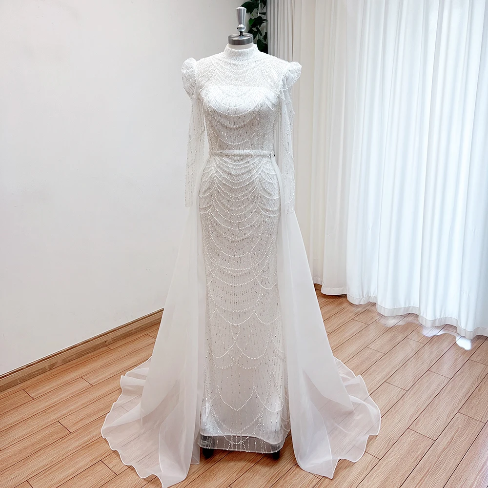 

Alinovia жемчужное свадебное платье русалки со съемным шлейфом, 2025, роскошное свадебное платье с высоким воротом и длинными рукавами поверх юбки по индивидуальному заказу