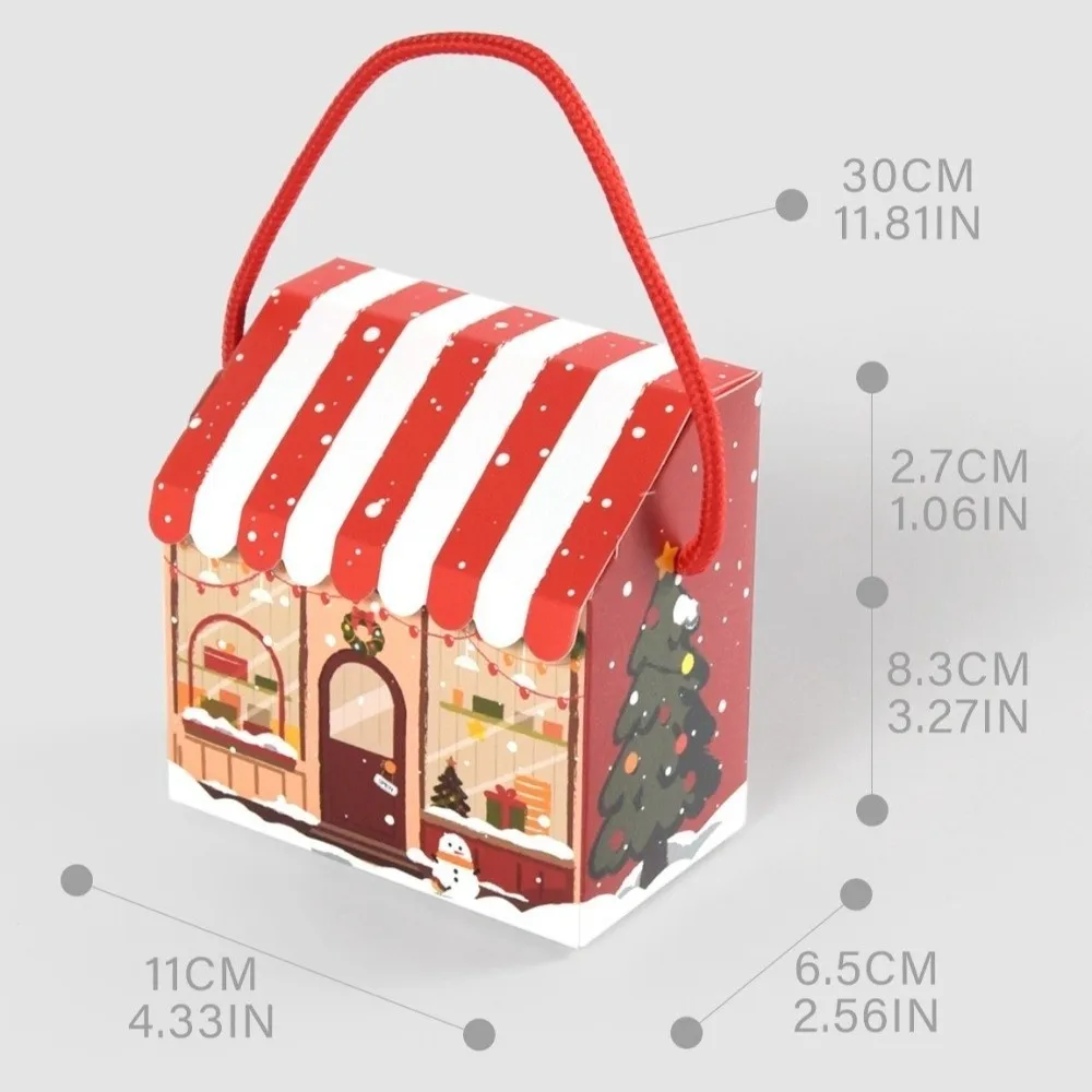 10Pcs House Shaped Christmas House Gift Boxes Snowman Printed With Handles Candy Treat Paper Boxes Red Stripe Roof view 6