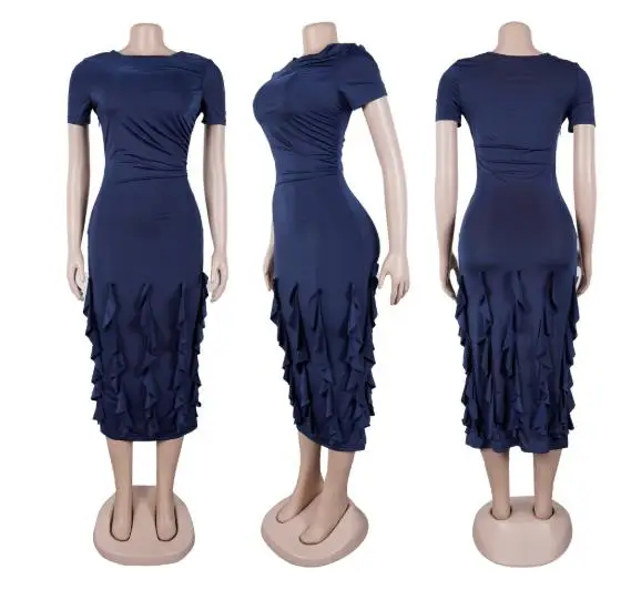 

Womens Dresses 2025 Summer New Solid Color Elegant Slim Fit Elastic Ruffles Decor Round Neck Short Sleeve Casual Long Dress