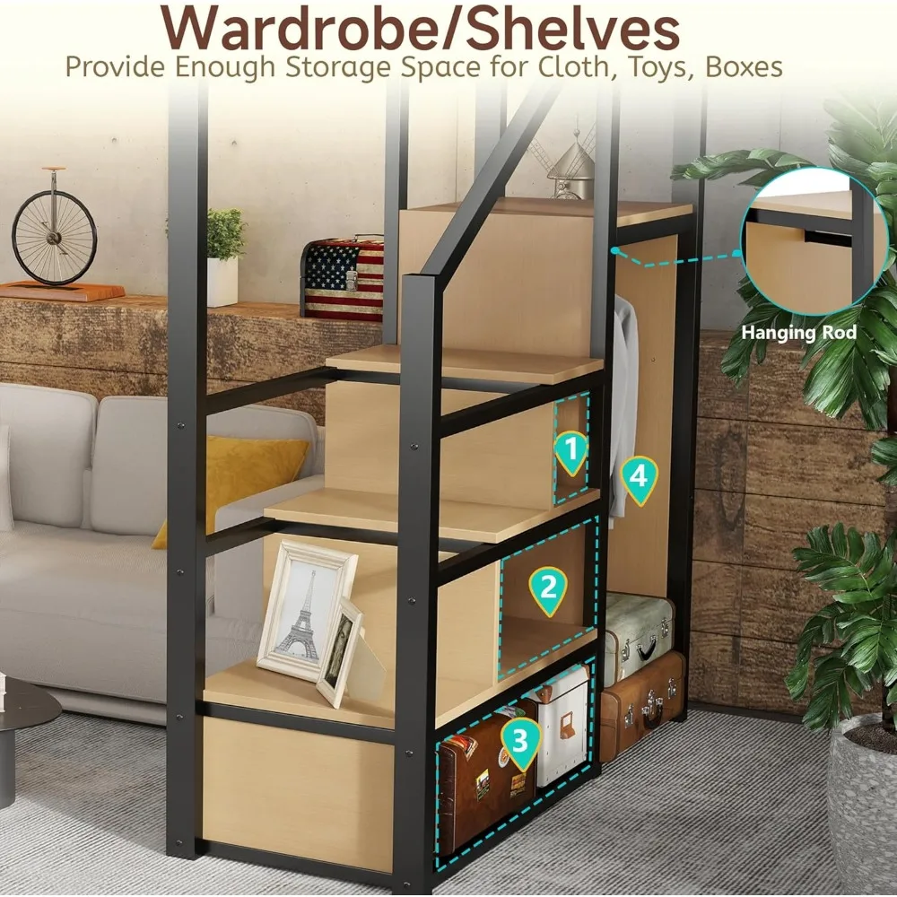 Letto a soppalco full size con scale e contenitori, struttura letto a soppalco in metallo con ripiano sul comodino e ampio spazio sotto il letto, letto resistente per