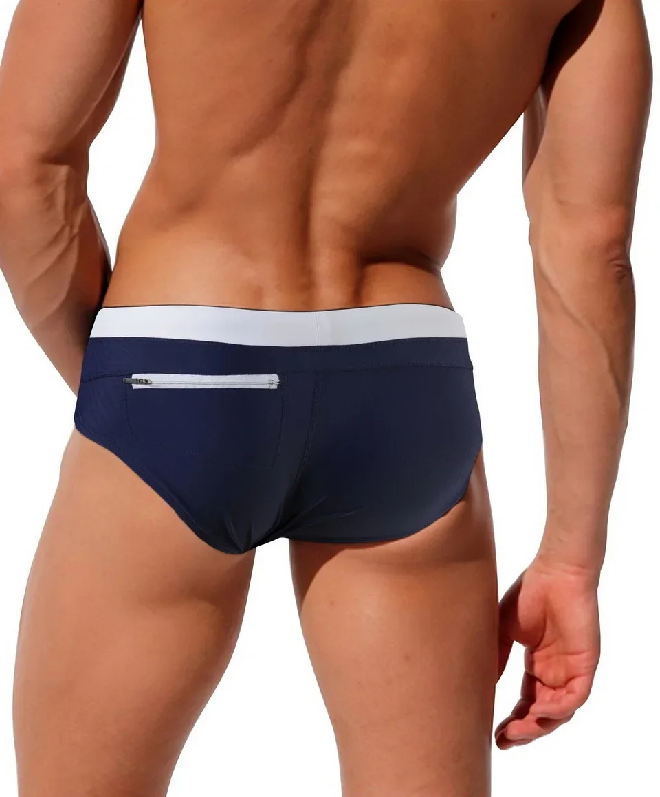Men Sexy Stitching Swimwear Man Back Zipper Swim Trunks Beach Shorts Surfing Shorts Swimming Briefs