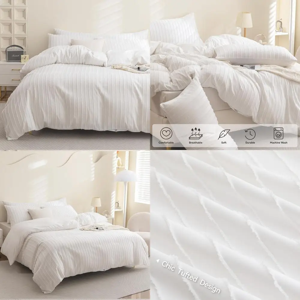 

Super King Boho Stripe Duvet Cover Set in White - 3-Piece Polyester Tufted Comforter with Zipper & 2 Pillowcases