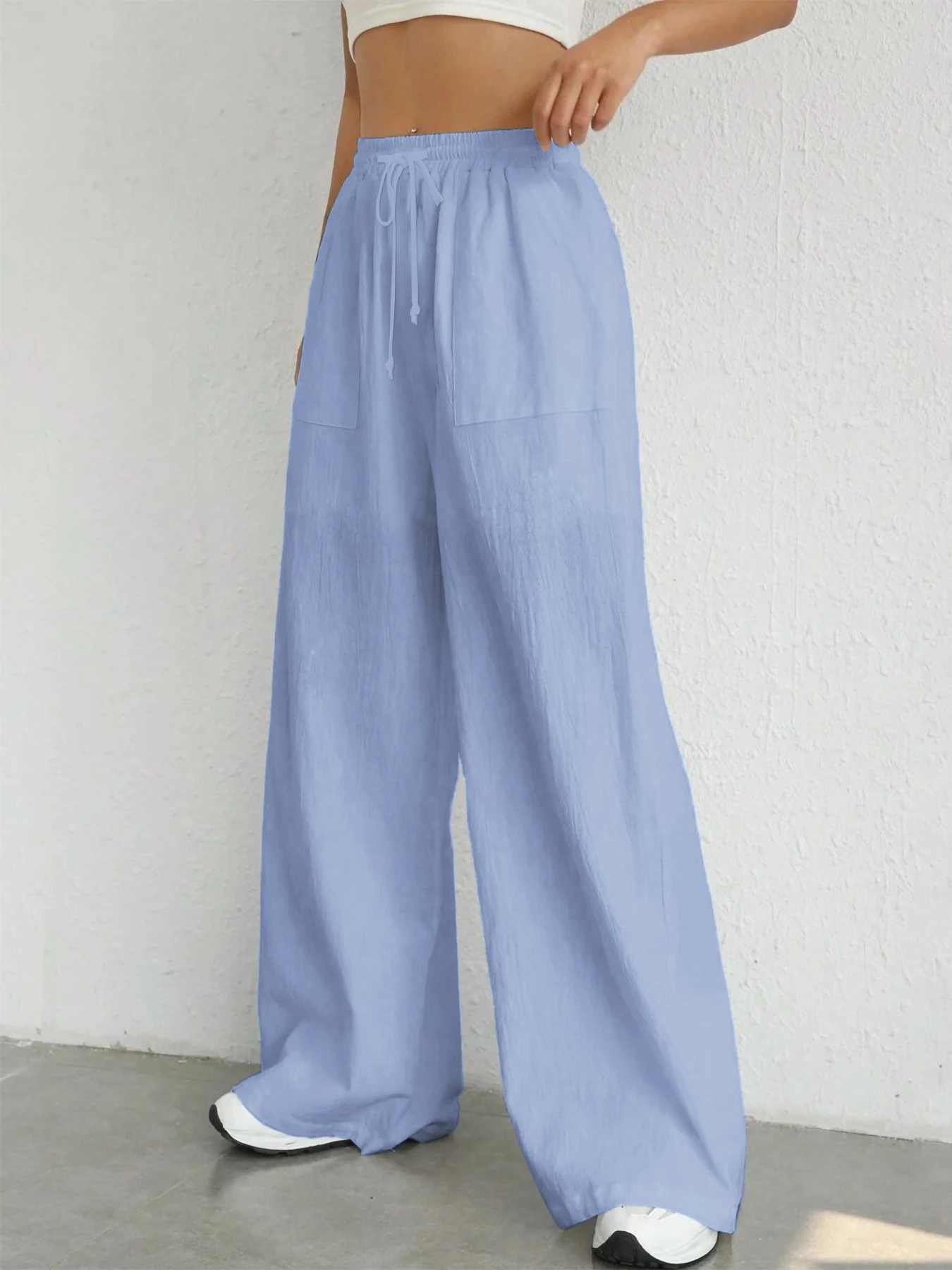 Damen-Hose in Unifarbe, lockere Hose mit weitem Bein, lässige Hose mit Kordelzug, gerade Hose mit Taschen, lässige Hose, lockere Hose mit hoher Taille – Detail 9