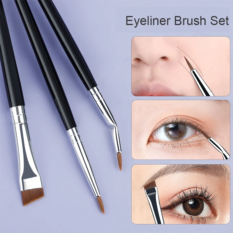 3pcs Eyeliner Brush Set Ultra Fine Bent Brush for Detail Makeup Tear Trough & Brow, Professional Precision Liner Tool with Trave