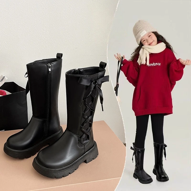princess-style-mid-calf-boots-for-girls-2025-new-winter-kids-fleece-lined-leather-boots-with-bow-non-slip-elegant-party-boots