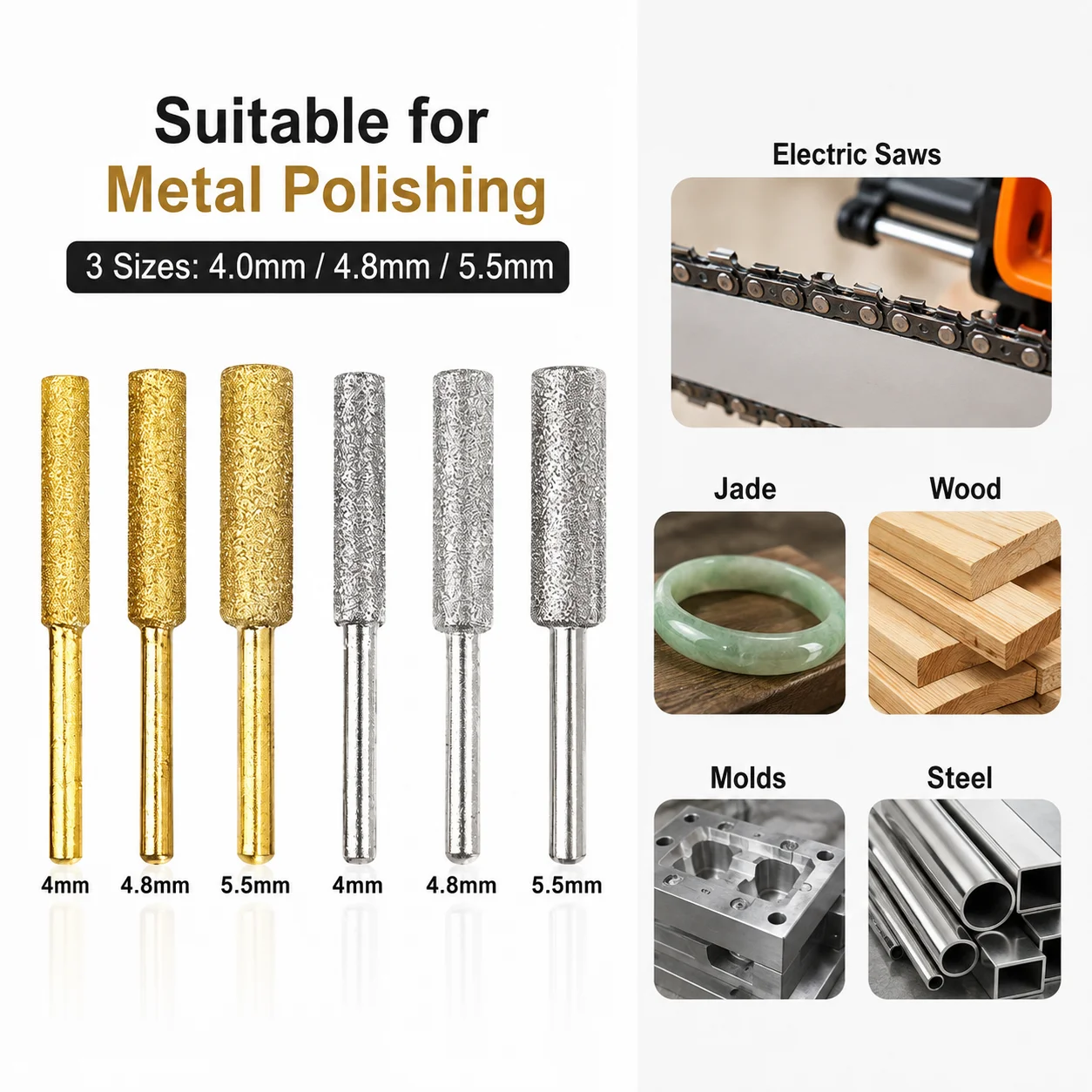 6PCS Electric file grinding wheel grinding head set 4.0/4.8/5.5 mm diamond grinding wheel 3 mm handle saw chain teeth