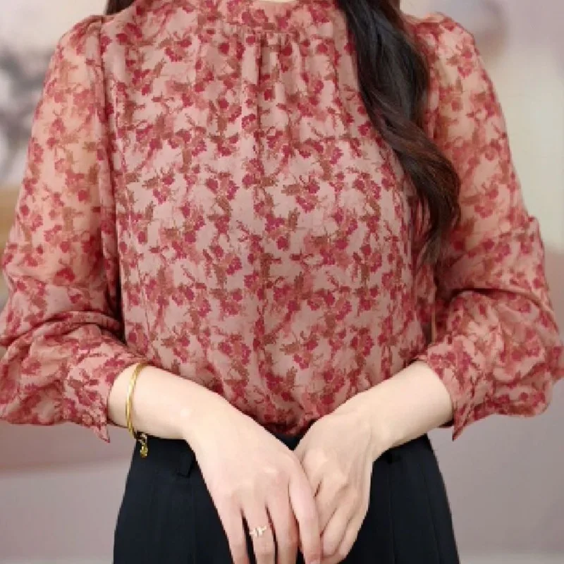 

Ice Silk Shirt Women's Long Sleeve Spring and Summer New Retro Fashion Loose Versatile Round Neck Mom Top