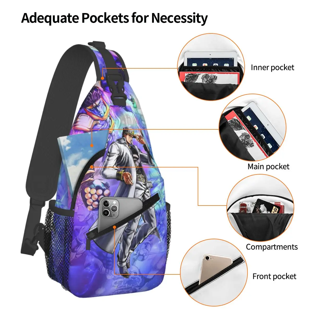 Jotaro Kujo اليابان أنيمي جوجو مغامرة غريبة حقيبة صدر للرجال الرجال الرافعة Crossbody على ظهره حقيبة صدر للرجال السفر Daypack حقيبة كتف