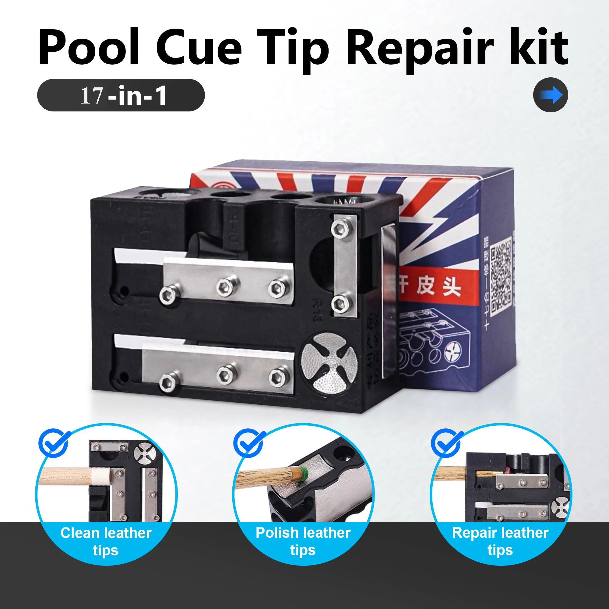 

17-in-1 Pool Cue Tip Repair kit, Professional All-in-One pool stick Tip Tool for Shaping, Replacement, Maintenance. Tips Shaper