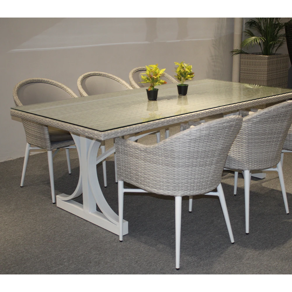 Sconto 7 pezzi di lusso in rattan PE set da pranzo impermeabile Foshan prezzo di fabbrica sedia e tavolo da giardino per esterni