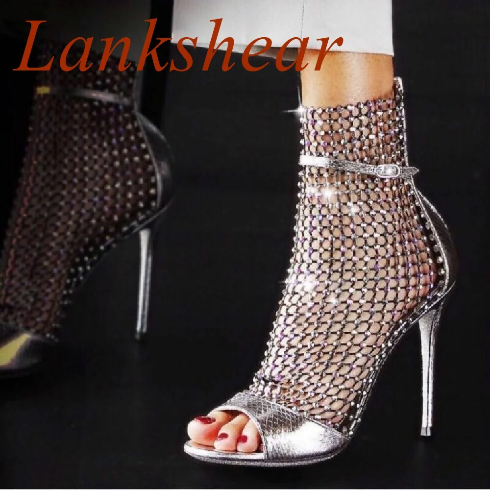 

Rhinestone Mesh Women Sandals Crystal Blingbling Peep Toe Stiletto Heels Fashion Buckle Strap Ankle Boots Sexy Sexy Women Shoes