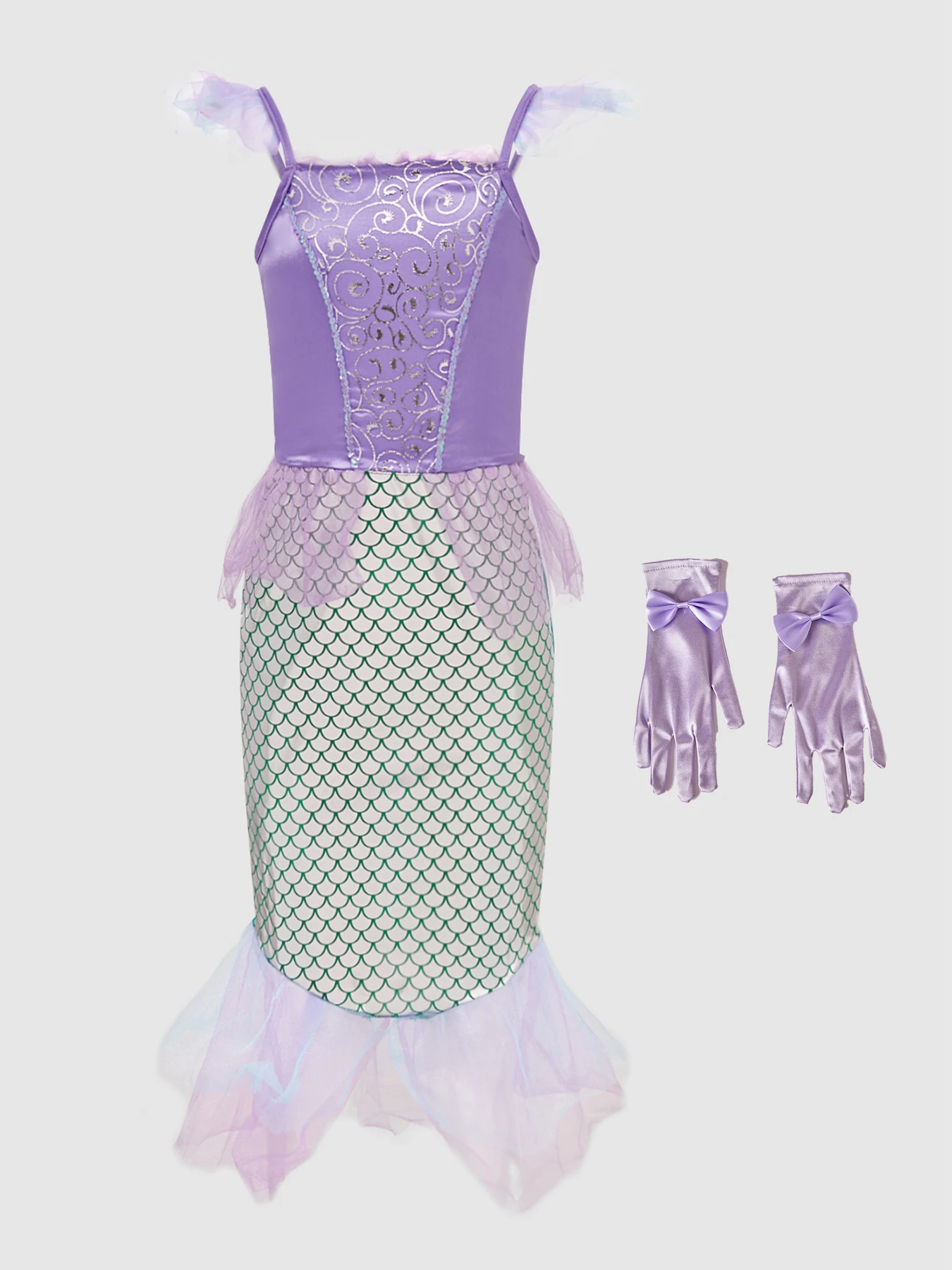 Girls Mermaid Princess Dress Kids Ariel Cosplay Costume Purple Fishtail Gown with Gloves for Halloween Birthday Party Pageant Pe