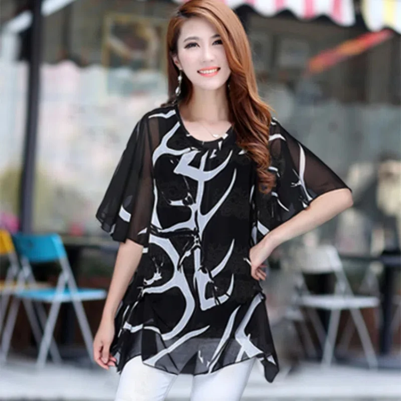 Summer New Thin Printing Loose Blouse Short Sleeve O-neck Chiffon Irregular Vintage Shirt Tops Fashion Elegant Women Clothing