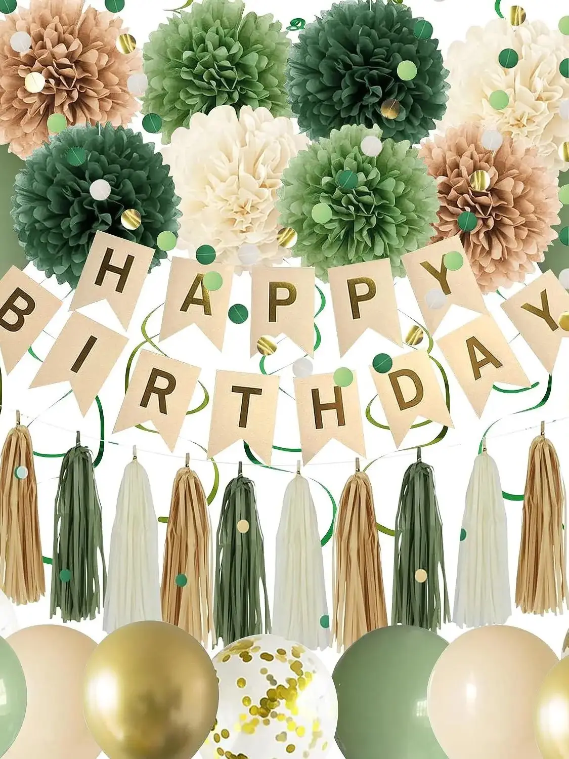 Salbeigrüne Geburtstagsdekorationen für Frauen & Mädchen - Happy Birthday Banner, Seidenpapier-Pompons & Quasten, Kreisförmige Girlande – Detail 7