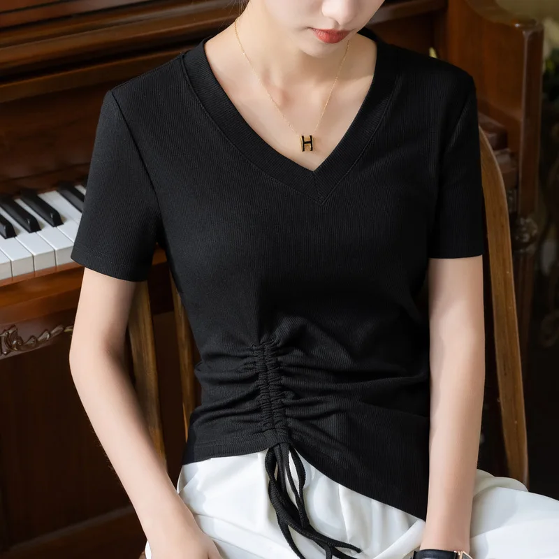 Boweylun 여성용 드로스트링 플리츠 반팔 티셔츠, 부드러운 통기성 와이드 사이드 스레드, V넥 허리 탑, 레트로 신상, 여름