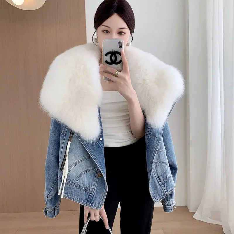 New Winter Imitation Fox Fur Big Fur Collar Denim Jacket Short Casual Down Cotton Lining Base Coat Women Warm Parka Outerwear