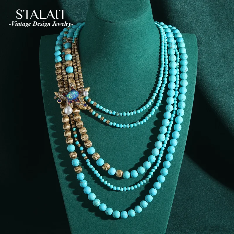 

Retro Blue Turquoise Beaded Necklaces Starfish Natural Stone Rhinestones Chain Antique Jewelry Women Vintage Beach Accessories