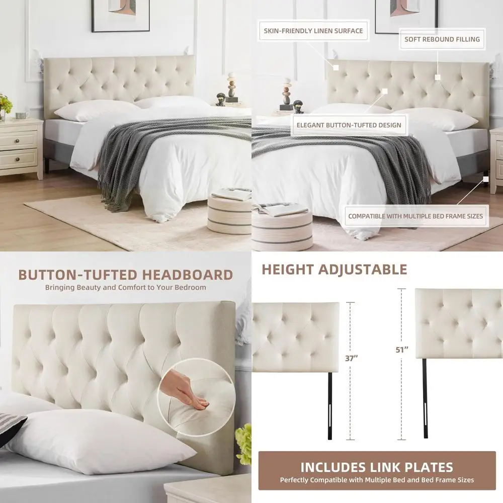 

Кровать King Size с льняной обивкой и регулируемой высотой, бежевая, California King, 37-51