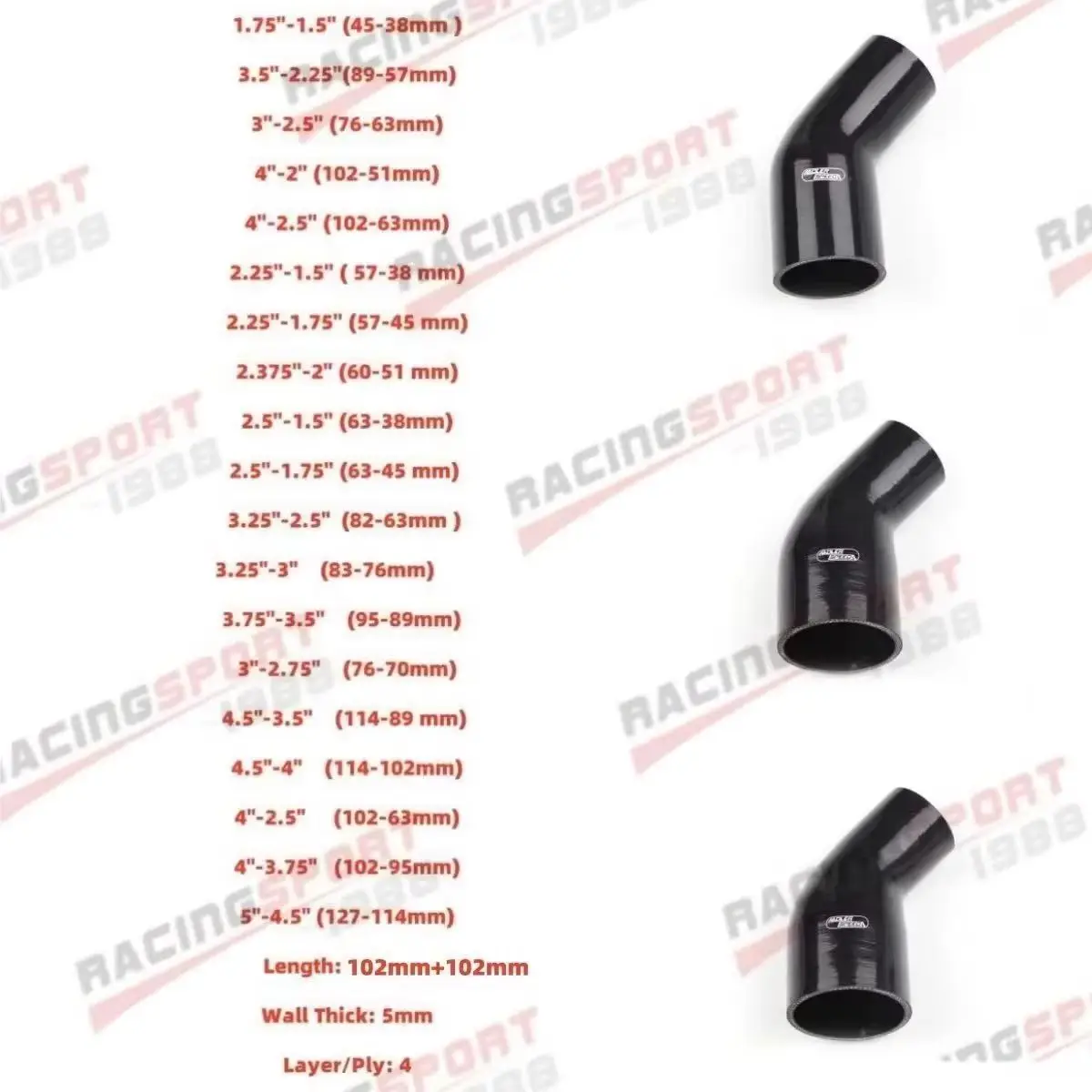 ADLERSPEED  4PLY 102mm Length 45Degree 2.25/2.5/3'' To 2/2.5/3/3.5'' 45 Degree Turbo Elbow Bend Silicone Hose Coupler Pipe Black
