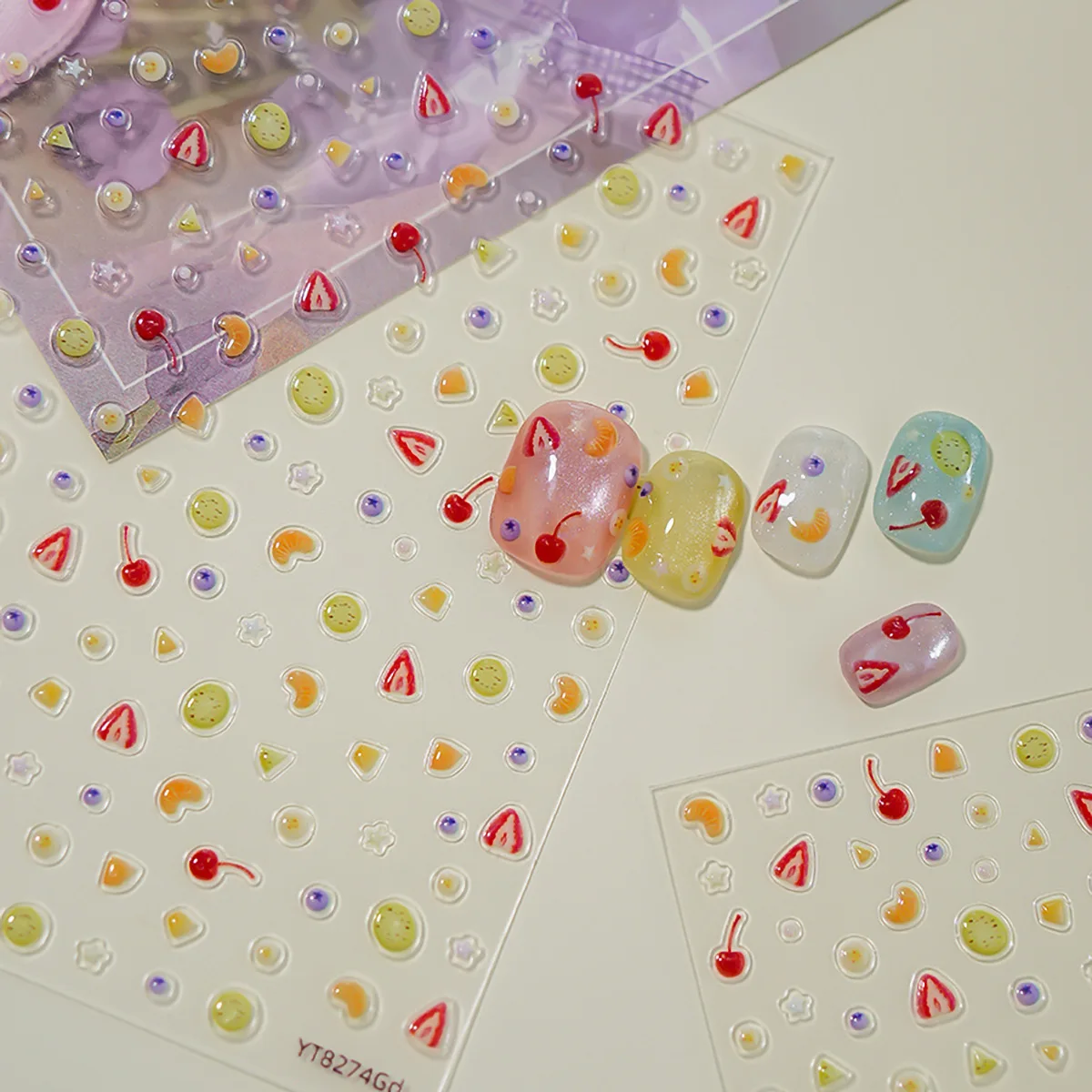 Summer Fruit Nail Stickers 3D Cherry Lemon Strawberry Slice Pattern Self-adhesive Nail Art Stickers DIY 3D Decorative Accessory