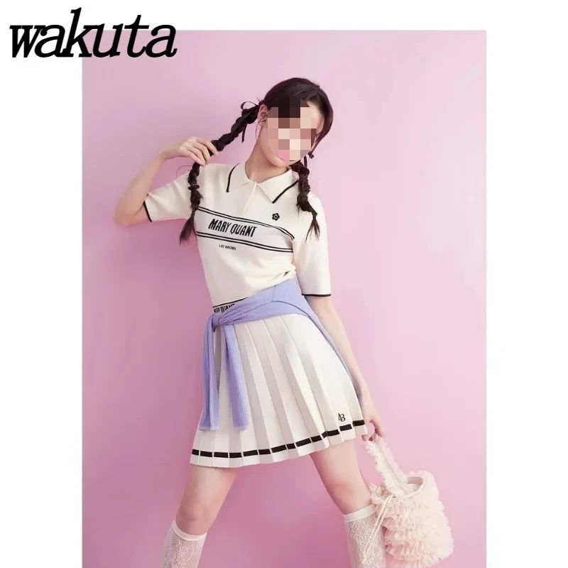 WAKUTA Spring/Summer Sweet Letter Printed Hundred Pleated Half Skirt Temperament Academy Style Embroidered Pleated Half Skirt