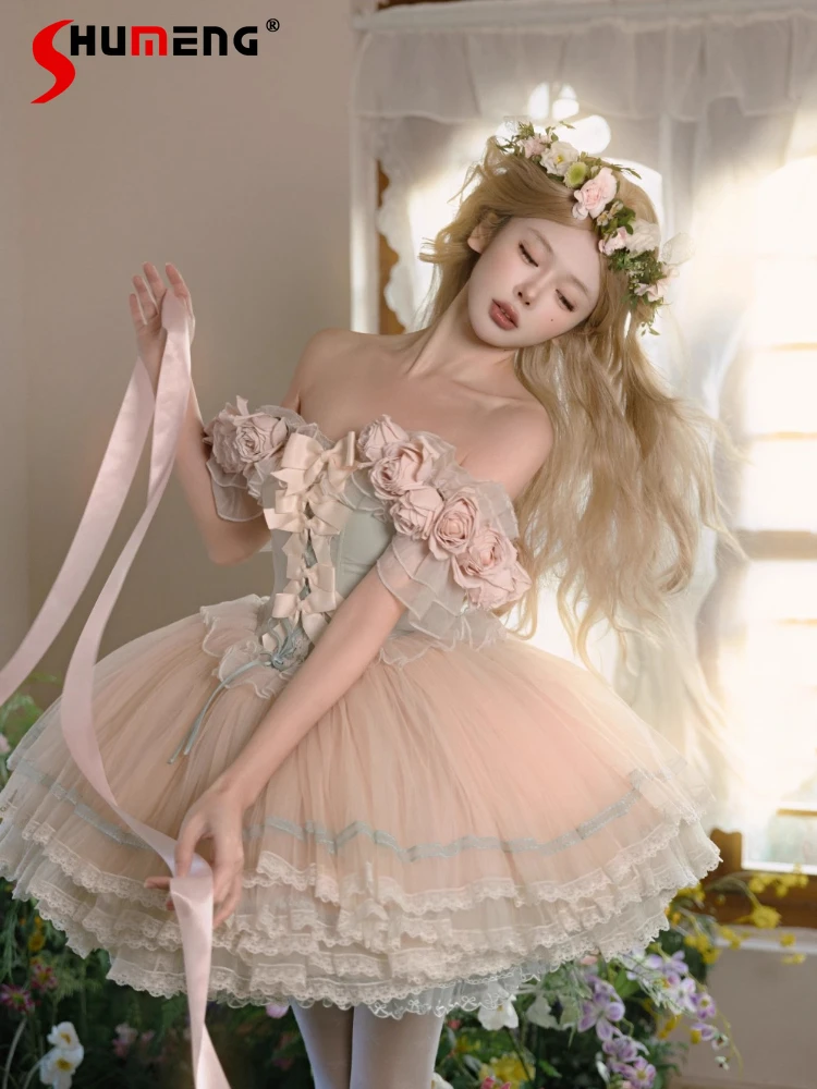 Vintage elegantes Prinzessin-Lolita-Kurzkleid, ärmellos, schulterfrei, 3D-Rosenschleife, Schnürung, schmale Passform, Geburtstagsparty-Kleid für Frauen