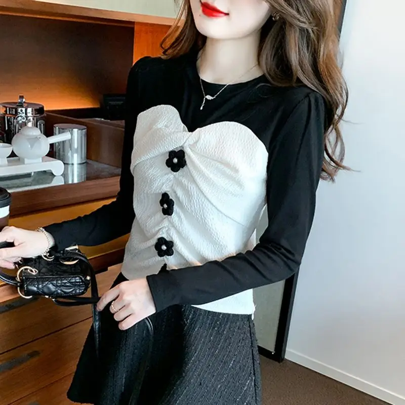 Contrast Patchwork Slim T Shirts Long Sleeve Pleated Korean Fake Two-piece Tops Tees Spring Autumn Fashion Sweet Women Clothing