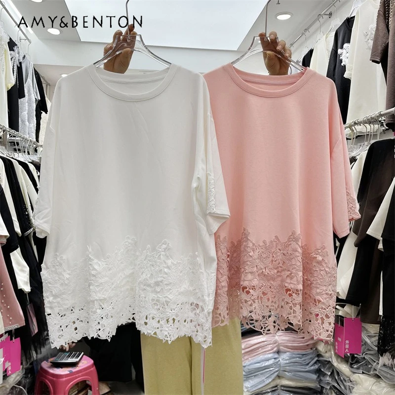 

Casual All Match Short Sleeves T Shirt Women's Y2k Solid Color Loose Style New Summer Heavy Spliced Crochet Hollow Out Slim Tees