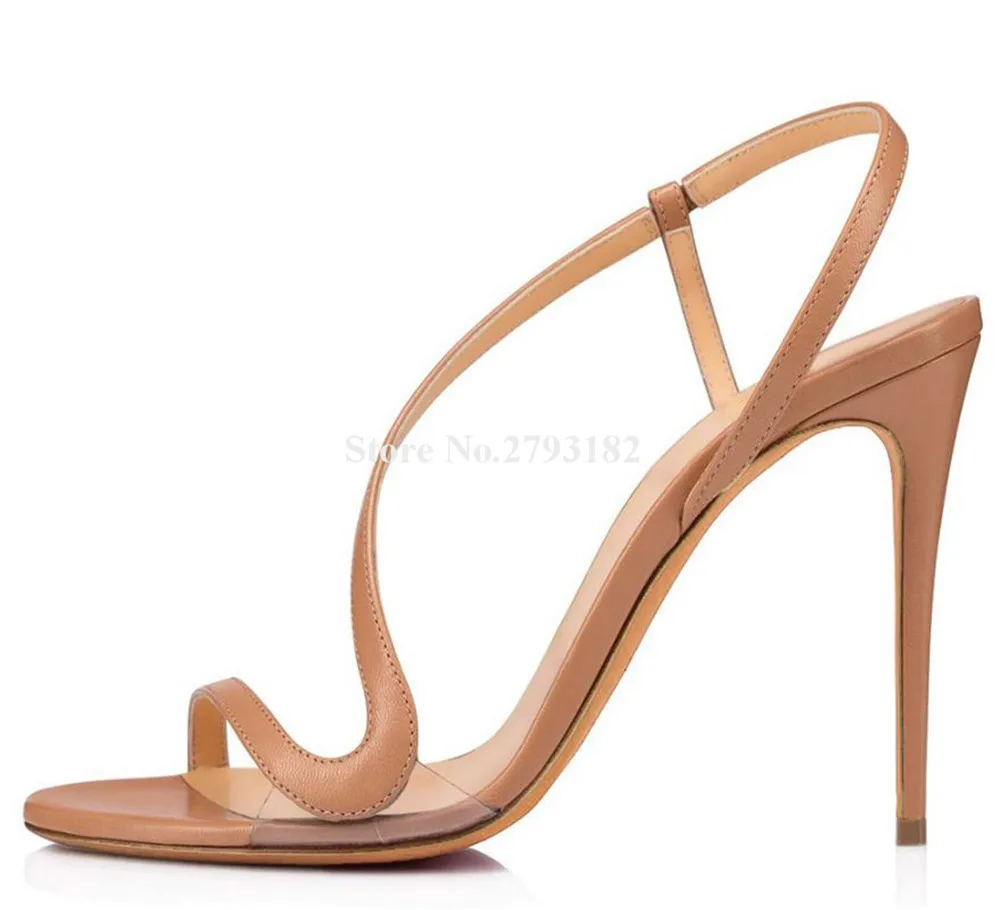 Fashion Curved Straps Stiletto Heel Sandals Open Toe Black Nude Leather Thin Heel Dress Shoes Party Heels Big SIze