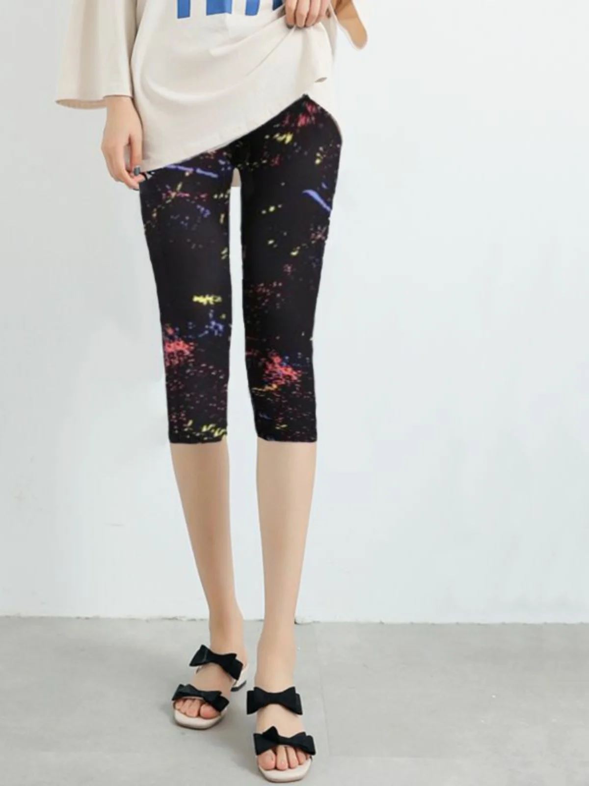 Damskie spodnie plus size z nadrukiem, na wiosnę i lato, cienkie, elastyczne, dopasowane, w kwiaty, bawełniane, długość 7/8 z chusteczką w zestawie.