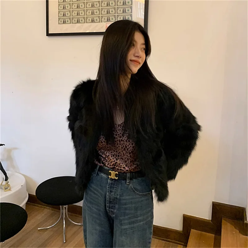 ملابس تنحيف نسائية سوداء من فرو الثعلب برقبة على شكل حرف V ، ملابس تنحيف كورية ، فاخرة للشباب ، خريف وشتاء ، جديدة ،