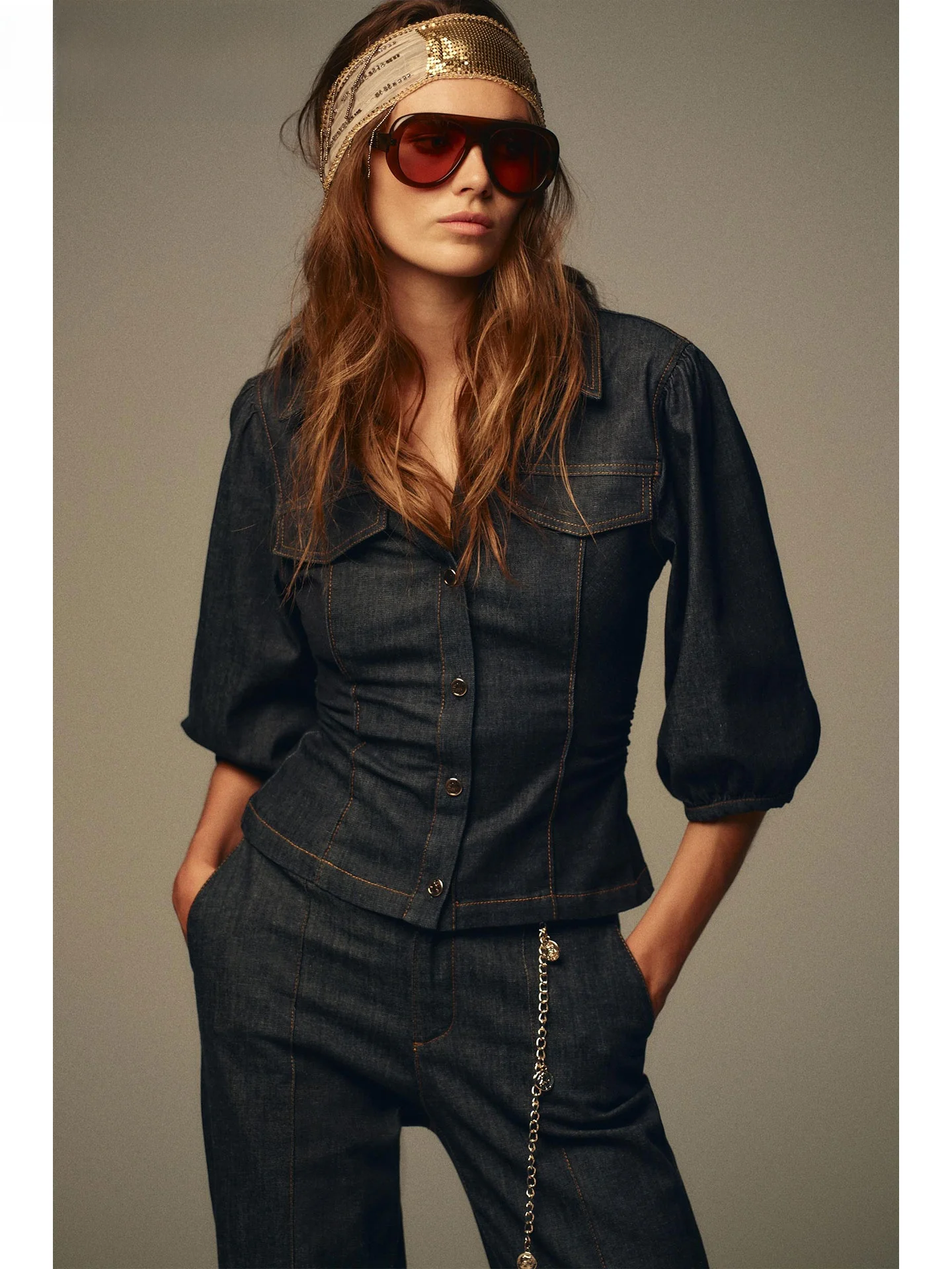 

ZAPRHA 2025 Autumn New Sle Versatile Slim Fit Bubble Sve Turn down Collar mid Sve Denim irt Women's Faion Top