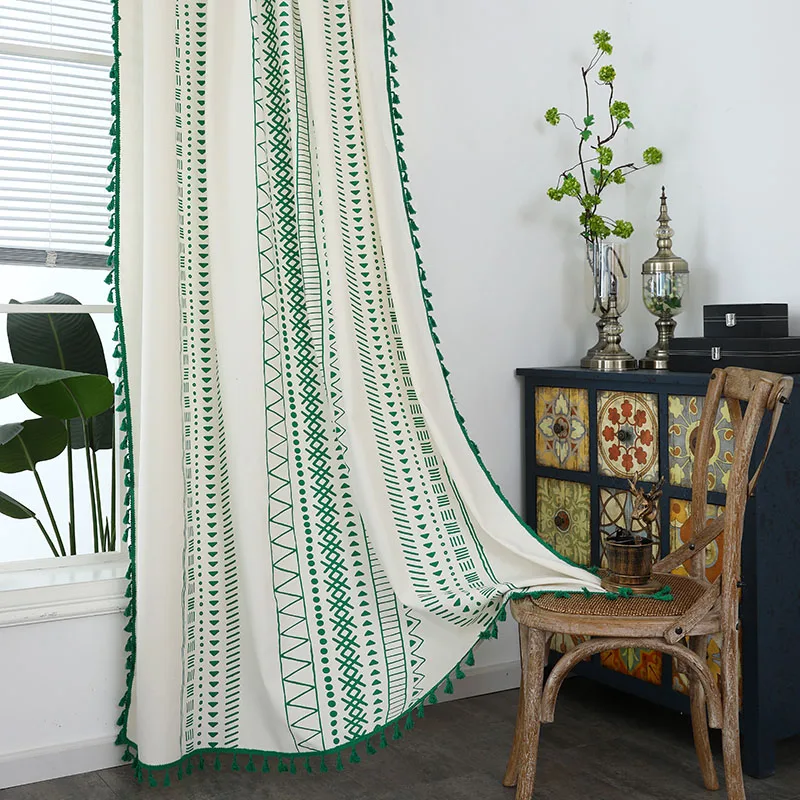 

Bohemian Canvas Curtain with Tassel Semi-blackout Cotton Drapery for Living Room Bedroom Home Decoration Geometry Print Pattern