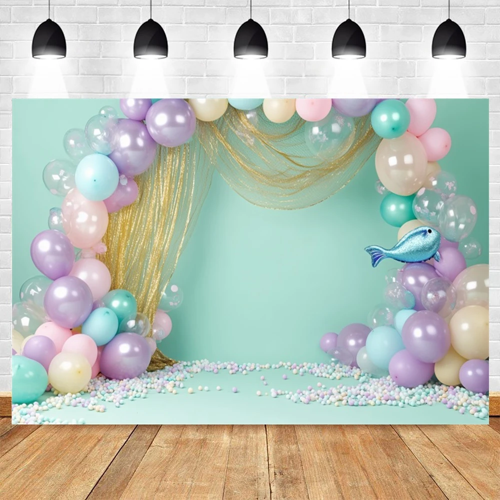 Mermaid Theme Baby 1st Birthday Party Decor Backdrop Arch Balloons Baby Shower Baby Cake Smash Portrait Photography Background