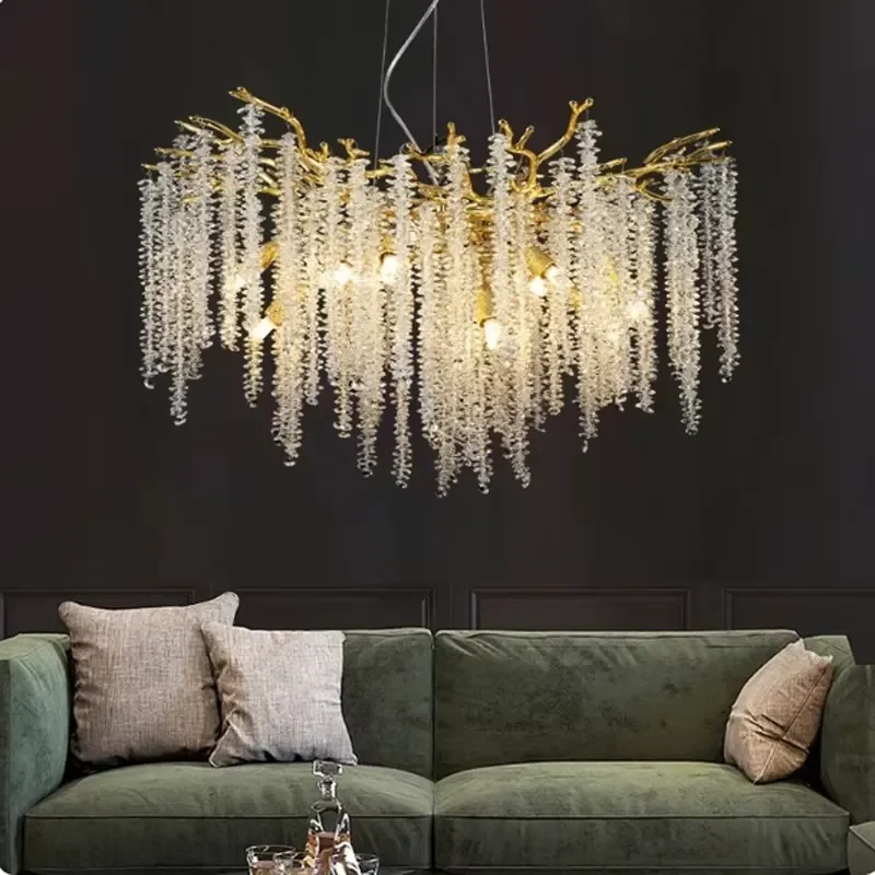 for Light Luxury Crystal Adjustable Height LED Living Room Chandelier Modern Simple French Villa Creative Branch Lighting