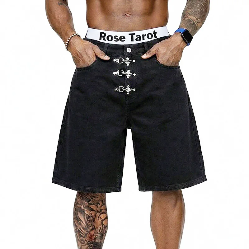 

Metal Buckle Short Baggy Jeans Men Summer Streetwear Hip Hip Loose Fashion Denim Wide Leg Jeans Shorts Jorts Pant