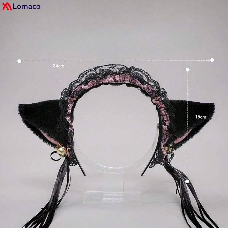 Gothic Lolita Cameriera Peluche Orecchie di gatto Nastro Campana Increspature Fasce per capelli in pizzo Braccialetti girocollo Cerchietto per capelli per ragazze Accessori Cosplay