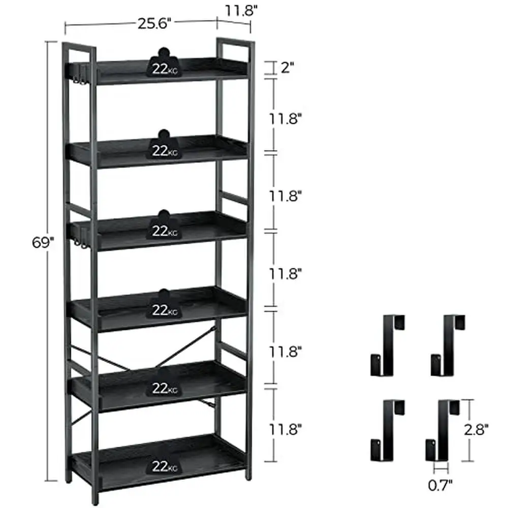 Estante industrial vintage com prateleiras de 6 camadas, moldura de madeira e metal, ganchos de armazenamento de proteção de borda, estilo retro