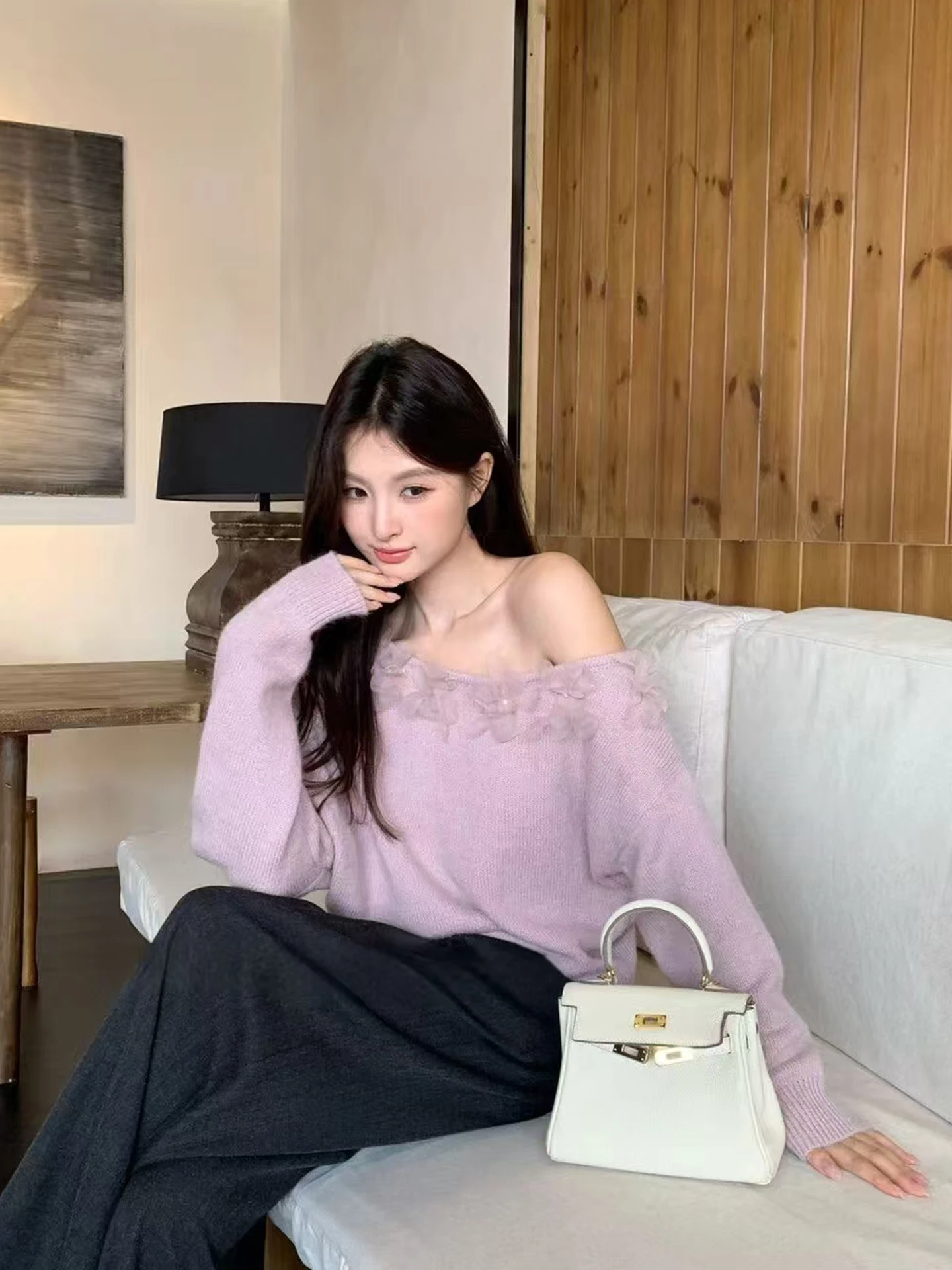 

Women's Loose Knitted Sweater oulder-Draped Neline 3D Flower Purple High-End Feeling Autumn New Sle Korean Sle Long S...