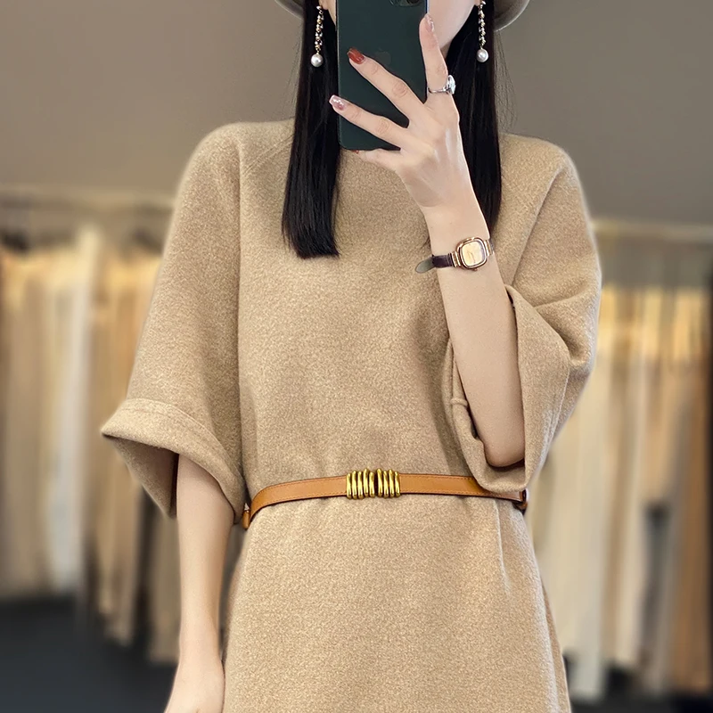 Casual loose women\'s 100% pure wool cashmere dress short sleeve knitted women\'s new pullover wool dress sweater spring long styl