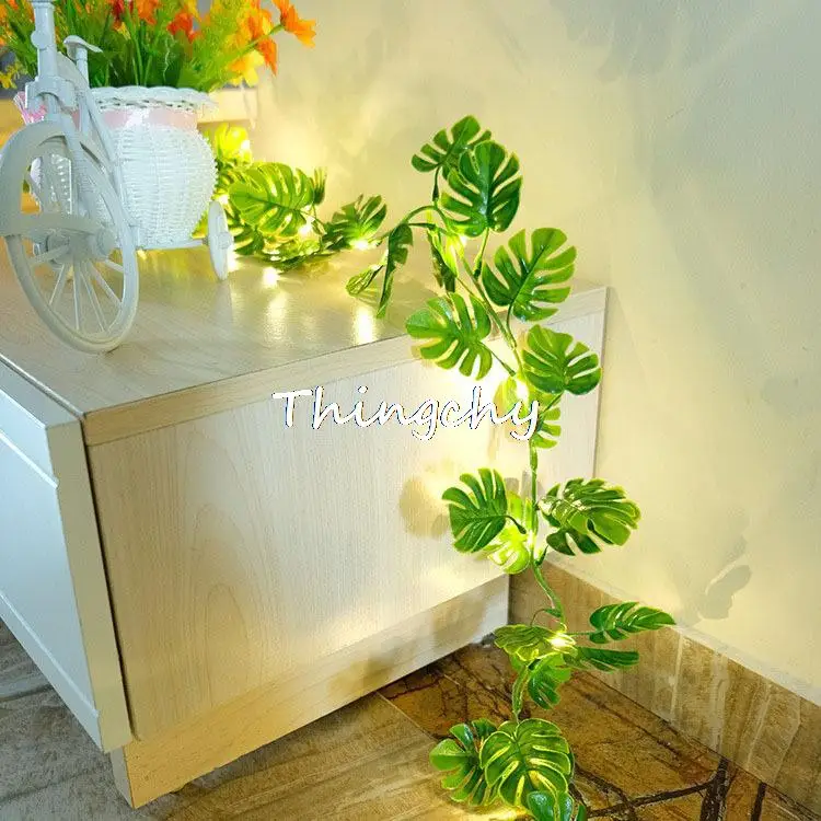 Monstera Leaf String Lights, Tropical Artificial Rattan Palm Leaves Wall Hanging Vine Leaf Beach Theme Table Home Decorations