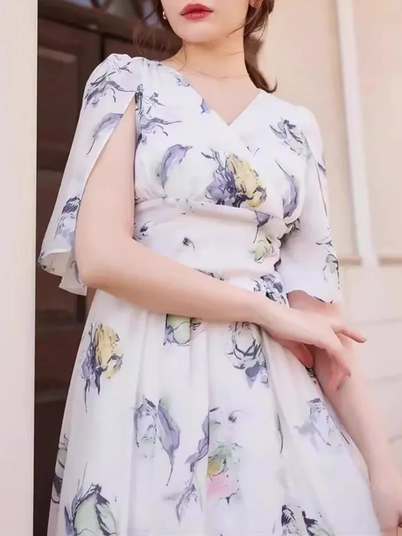 Elegant Rose Floral Print Vestidos Women 2024 New Dress V-neck Tunic Vestido Summer High Waist Dresses Back Lace-up Bow Robes