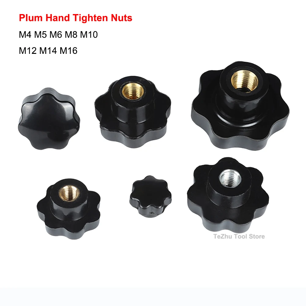 M4 M5 M6 M8 M10 M12 M14 M16 Plum Hand Tighten Nuts Handle Thread Star Mechanical Black Clamping Knob Thumb Nuts Bline Hole