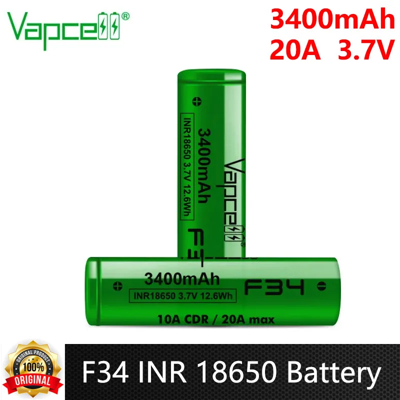 Original Vapcell F34 INR 18650 Battery 3400mAh Capacity CDR 10A Max 20A 3.7V Lithium-ion Battery For VapeMod Battery Pack Toys