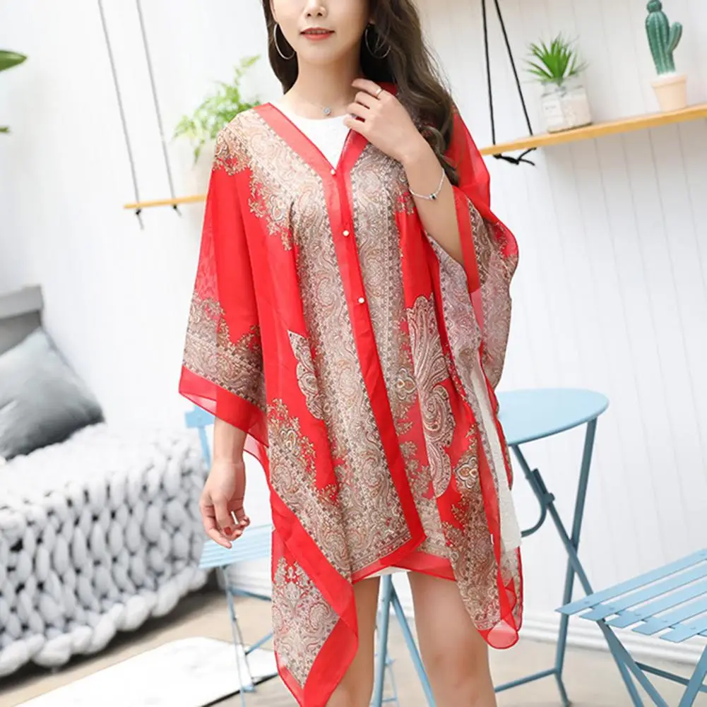 2025 feminino chiffon praia cobrir túnica vestido xale impressão biquíni maiô resort wear banho solto